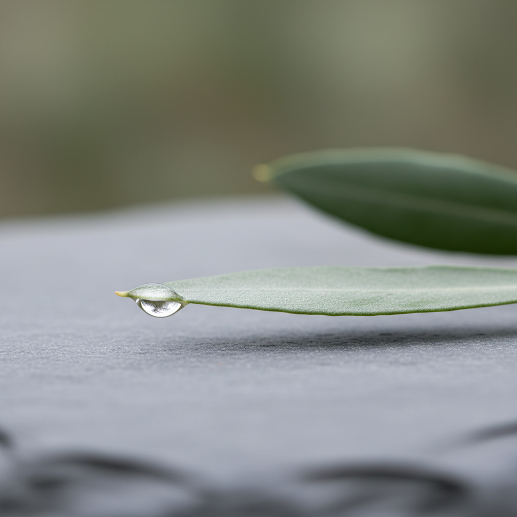 A single translucent raindrop clinging to the tip of a slender, matte silver-green olive leaf, captured in sharp detail. The leaf stretches over a smooth, slate-grey stone surface, with diffused overcast daylight creating a gentle, even illumination that softens edges and enhances subtle surface gradients. The scene exudes calm and introspection, celebrating fleeting moments in nature. Composed up close from a low angle, the focus is on the raindrop and fine leaf texture, with the background fading into soft bokeh. The image is elegant, minimalist, and suited to photographic realism with an understated, sophisticated mood.