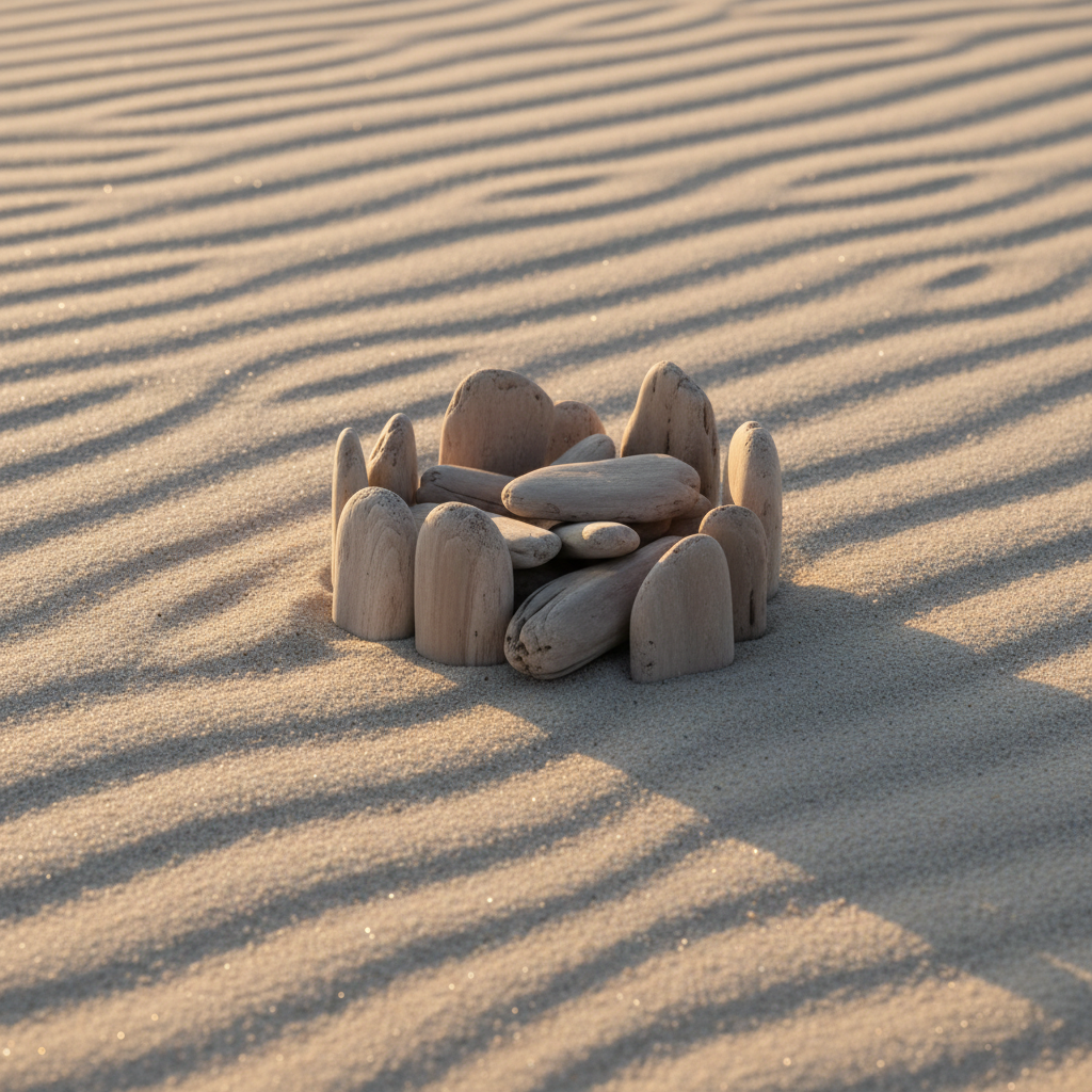 A cluster of small, elegant driftwood pieces arranged in minimalist harmony on a softly rippled fine sand surface, the wood showcasing natural beige, taupe, and extremely muted grey-brown tones with distinct smoothness and weathered grain. Soft golden hour light spreads delicately across the setup, creating gentle highlights and elongated, subtle shadows, adding visual depth. The ambient atmosphere is meditative and sophisticated, encouraging reflection and inspired thought. Shot from a slightly elevated angle with carefully balanced negative space, the composition follows minimalist principles and photographic realism with refined detail.