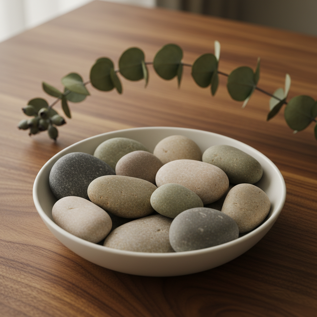 A matte porcelain bowl containing a carefully curated selection of smooth river stones in muted earth tones—soft greys, warm beiges, understated olive—each stone selected for unique shape and surface. The bowl rests on an elegantly grained walnut tabletop, with a single dried eucalyptus branch elegantly arching across the background. Gentle, indirect daylight filters in from the side, creating subtle gradients and barely-there shadows. The mood is sophisticated and quietly inspiring, reflecting the integration of nature and thoughtful curation. The camera angle is eye-level, with the stones sharply in focus and the eucalyptus softly blurred, expressing a refined, minimalist photographic style.